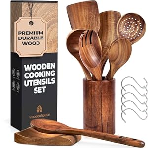 Wooden Spoons for Cooking, Cooking Utensils Set, Kitchen Utensil Set with Holder, Spoon Rest & Hanging Hooks, Teak Wood Nonstick Cookware – Durable Set of 8pcs by Woodenhouse
