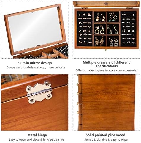 COSTWAY 6 Layers Wooden Carved Jewellery Box, High Capacity Jewelry Storage Organizer Case with Flip Lid and 5 Drawers for Bracelets, Earrings, Rings (Brown Carved Lid with Mirror)