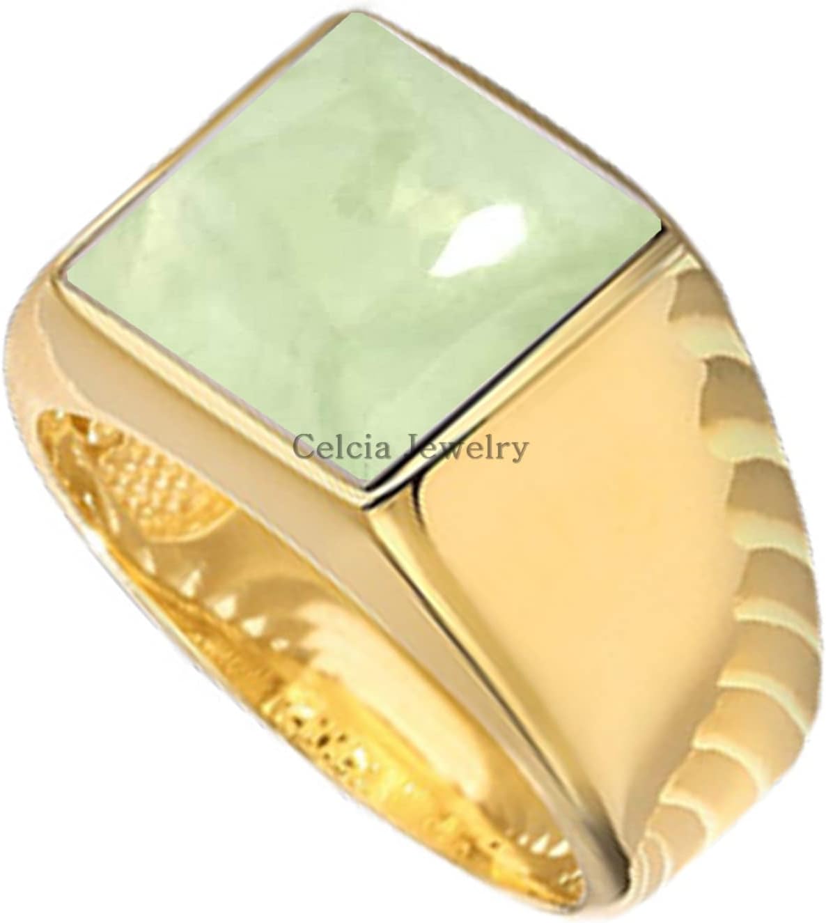 18K Yellow Gold Plated Solid 925 Sterling Silver Ring for Men, Genuine Prehnite Green 12MM Gemstone Signet Ring, Unique Handcrafted Ring for Him