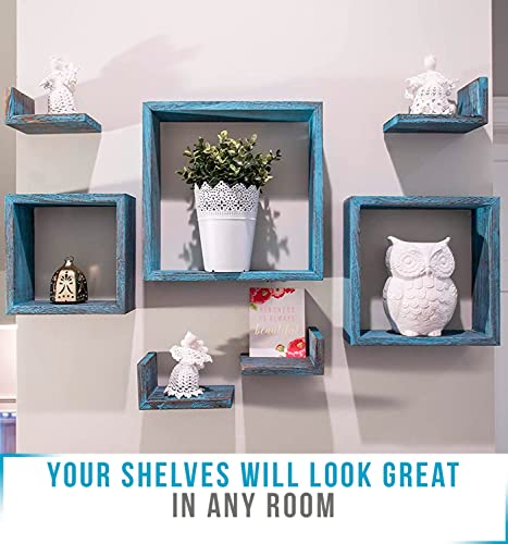 Comfify Rustic Wall Mounted Square Shaped Floating Shelves – Set Of 7 – 3 Square Shelves And 4 L-Shaped Rustic Shelves – Screws And Anchors Included – Rustic Wall Décor - Rustic Blue #TOP3