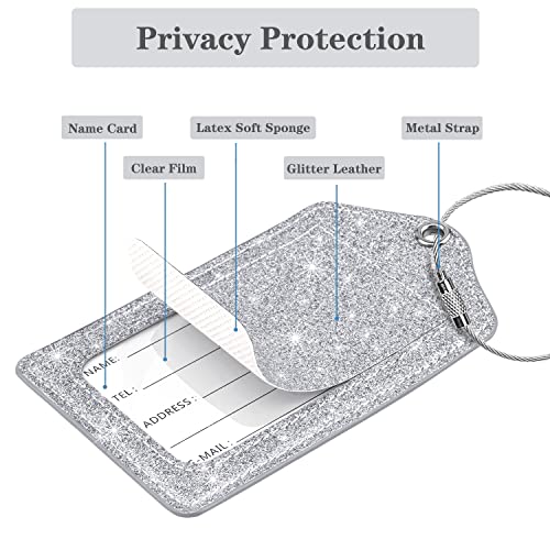 (Set of 2) Luggage Tag Leather Privacy Cover ID Label Address Card with Stainless Steel Loop, Travel Bag Tags Suitcase Labels, Glitter Silver3