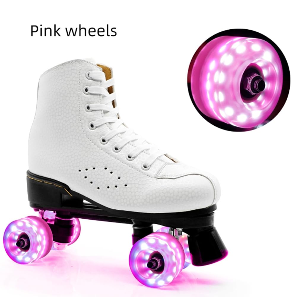 Bloepum Roller Skate Wheels with Wrench Outdoor Light Up Wheels High Flash Six Light Double Row Roller Skates Shining Wheels Pink