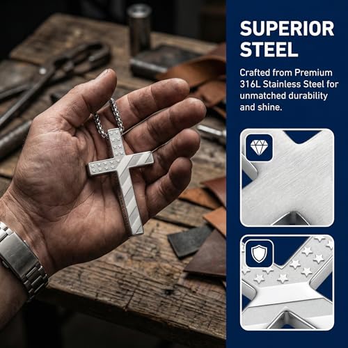Collier croix Bible homme acier anti-allergie pendentif drapeau USA