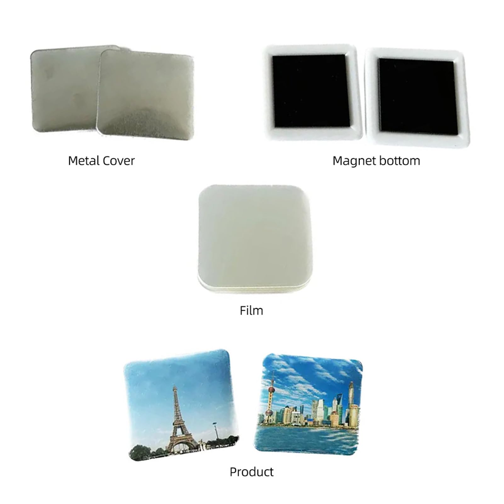 100 Piezas Imanes Nevera DIY,Imanes Decorativos, Imanes en Blanco para personalizar,Kit imanes magnéticos para decorar(50 * 50/80 * 53/90 * 65mm,máquina No incluida)