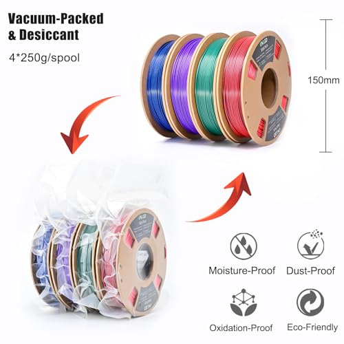 Image of OVV3D Silk PLA 3D Printer Filament Bundle 250g x 4 Spools, Shiny Dual Color Filament 1.75mm Pack, Multi Color Change 3D Printing Filament, High Gloss Shine, 4 Pack (Black - Purple, Red, Green, Blue)