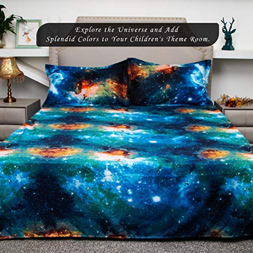 Bedlifes Galaxy Outer Space Sheet Set, Galaxy Themed, 3 pcs Including Flat Sheet, Fitted Sheet, and 1 Pillowcase (Blue Twin)