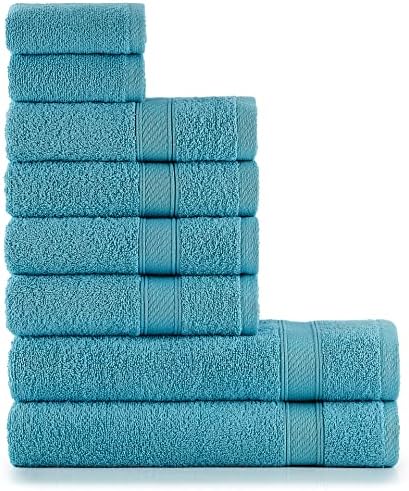 nottoc Handtücher Set Türkis 8-TLG / 2 Badetücher 70x140 + 4 Handtücher 50x90 + 2 Gästehandtücher 30x50 - Handtuch mit Aufhänger 100% Baumwolle Saugfähige Weiche Luxus Duschhandtüc