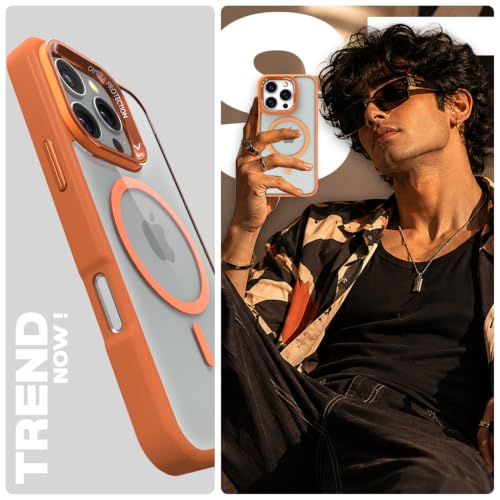 Image of Pikkme Back Cover for iPhone 16 Pro Max | Shockproof | Mag-Safe Compatible | Hard Transparent Back | Premium Raised Camera Protection | Bumper Case (Orange Mag-Safe)