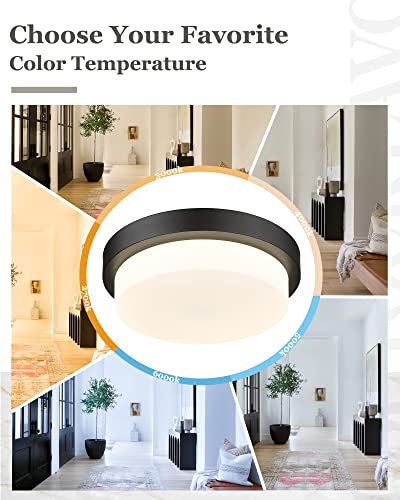 Image of 13 inch Black LED Flush Mount Ceiling Light, 24W, 5CCT | 2200LM, 2700K /3000K /4000K /5000K /6000K, Close to Ceiling Light Fixtures for Bedroom Hallway Kitchen, Milk Glass, AD-22008-L-BK