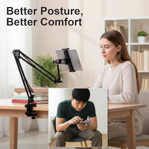 Image of Overhead Video Mobile Stand, New Extra Long Arm, 1 /4 inch Head 2 Way Base clamp, and Bracket for Mobile Phone, for, Overhead Video, Desktop,Bedroom, Office, Black (Extra Long Tab)