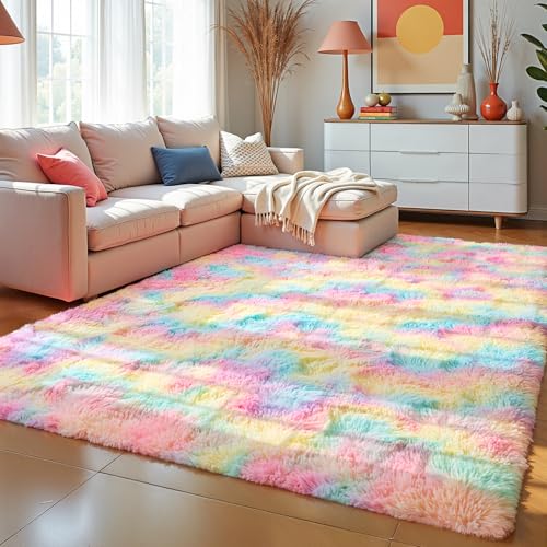Zentavio Unicorn Rugs for Girls Room 5x8 Area Rugs for Living Room Carpet for Bedroom Washable Soft Fluffy Shag Aesthetic Plush High Pile Throw Rug for Nursery Kids Room Dorm Room Rainbow