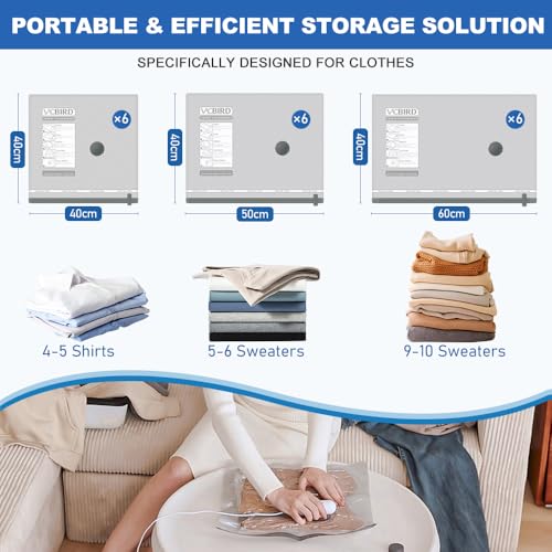 Vacbird Vakuumbeutel für Kleidung mit Kompakter USB-Pumpe, 18 reisetaugliche Kleidersäcke (stärkere Vakuumversiegelung | USB-A/C | leicht), ideal für Reisen, Aufbewahrung und Umzüge
