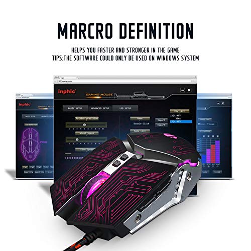 INPHIC Mouse Gaming Silenzioso, 4800DPI Mouse da Gioco Ottico USB con Cavo, Regolazione 5 DPI, 7 Pulsanti Programmabili, 7 LED RGB con Peso Extra per i Giocatori, PC Laptop Mac (JDMM)