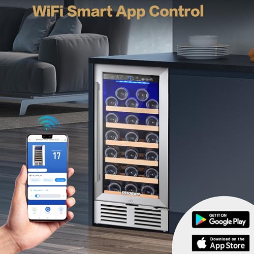 Image of BODEGA 15 Inch Single Zone Wine Fridge with App Control, Holds 31 Bottles | 41 F to 68 F Temperature Range, Noise Level Below 42 dB, Activated Carbon Air Filter, Built-in or Freestanding Installation