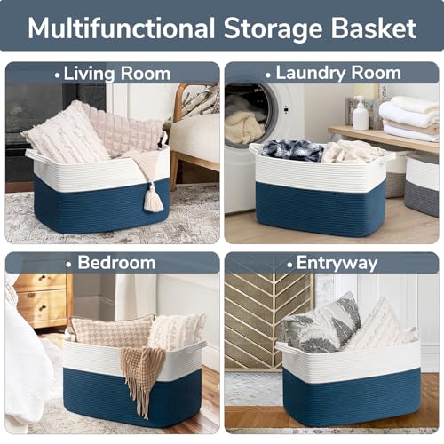 Goodpick Large Storage Baskets for Organizing, Woven Baskets for Storage, Blanket Basket Living Room, Rectangle Dirty Clothes Basket for Laundry, 21.6" x 14.9" x 11.8", Blue