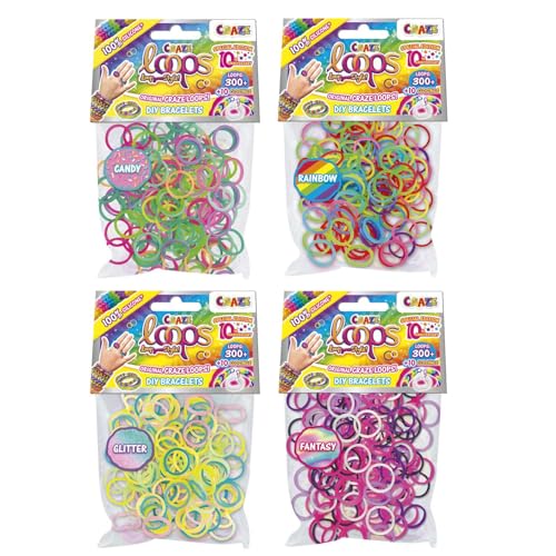 CRAZE loops BAG 300 Lot de 4 recharges pour loom avec 1200 élastiques et 40 fermoirs, mélange de couleurs, 100% silicone doux pour la peau