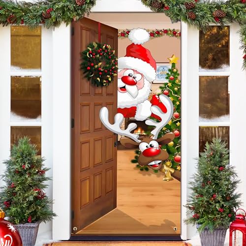 ISparbox Kerstdeurafdekking, 200 x 90 cm, decoratie, kerstman, hangende banner, achtergrond, kerstdeurafdekking, decoratie, voor huis, voordeur, veranda, kerstfeest, decoratie