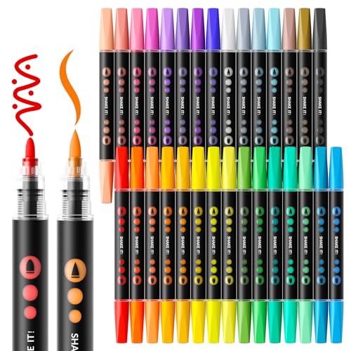 SUNEE Acrylstifte Set 30 Farben Dual Tip Acrylic Marker Stifte mit Bullet und Pinselspitze Acrylmarker für Erwachsene