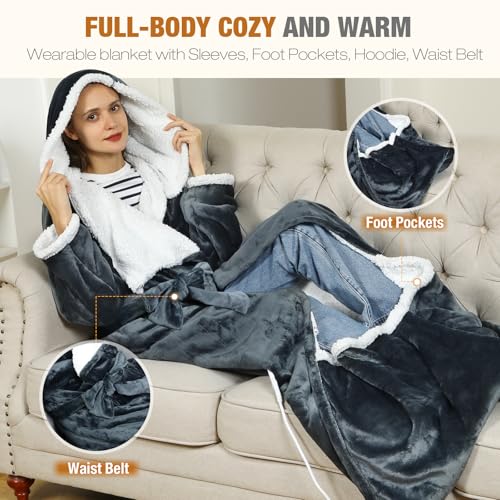 Wearable Heated Blankets, Electric Snuggle Blanket with Foot Pockets, Sleeves, Hood, Waist Belt, 50"x70" Electric Heating Throw Blanket Wearable Heated Robe - Image 3