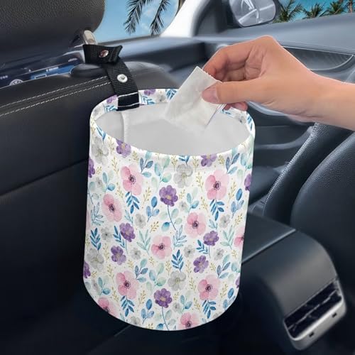 Image of Purple Cute Floral Hanging Portable Car Trash Can Cute Waste Basket Car Accessories Interior Collapsible Garbage Bag Small Trash Can