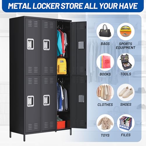 GarveeHome 6 Doors Metal Office Storage Cabinet, Metal Lockers for Employees with 12 Hooks and 6 Shelves, 72 Inch Tall Steel Storage Cabinet Locker for Home, Office, Gym, School, Black