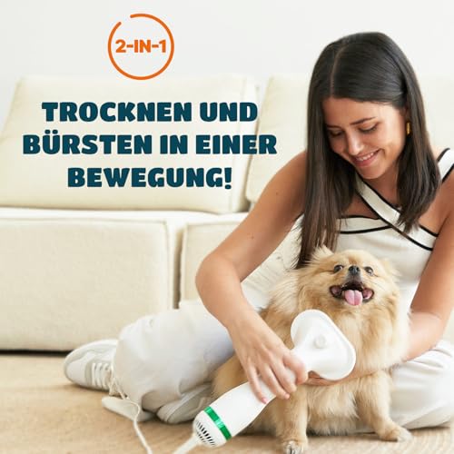 KUUBIA Hundeföhn | 2-in-1 Haartrockner mit Selbstreinigender Bürste | für kleine und mittelgroße Hunde & Katzen | 300W Blower Hundefön | Schmaler Griff, relativ leise, einstellbare Temperatur