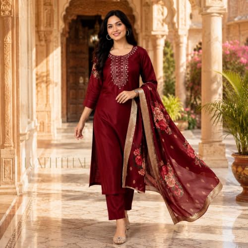 Image of Kaththai Women Embroidered Kurta and Pant Set with Dupatta | Ethnic Suit Set for Women | Floral Printed Organza Dupatta | Festive, & Traditional Kurta Set