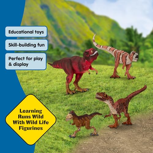 Image of Schleich Dinosaurs - 4 PC Red Dinosaur Playset for Boys and Girls - with T Rex Figure, Allosaurus, Intrepidus and Majungasaurus - Jurassic Era Realistic Dino Figurine Toys for Kids 3+ | 77726
