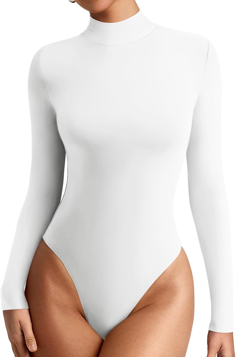 REORIA Women's Long Sleeve Bodysuits Mock Turtleneck Slim Tight Double Lined Basic Layering Body Suits Tops Fall Winter Outfits 2024(White Medium)