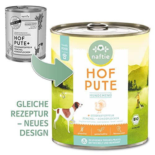 naftie Bio Hundefutter Hof Pute - Premium Nassfutter Menü mit Putenfleisch & Süßkartoffeln - getreidefrei glutenfrei - purinarm - 6X 800g Dosen