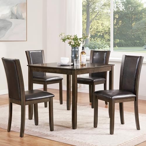 Image of KEIKI 5-Piece Standard Height Dining Table Set with Square Table, 4 Upholstered Chair, for 4 Person, Farmhouse Rustic Style Table Set, Easy Assembly, for Kitchen, Dining Room, Dark Walnut
