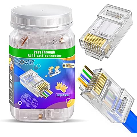AOWIZ Cat6 RJ45 Pass Through Connector Cat6 Cat5 Connector 100-Pack Modular RJ45 Plugs for Solid or Stranded UTP Ethernet Cable Cover