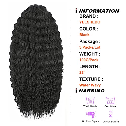 YEESHEDO 3 Packs 22" Ocean Wave Crochet & Wavy Synthetic Braid Hair Extension for Women (Black), 1B#, 55.9 cm - Image 3
