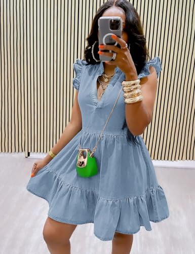 Image of POTILI Denim Dress for Women Mini Jean Dress with Pockets | Ruffle Sleeve, V-neck, Two Side Pockets