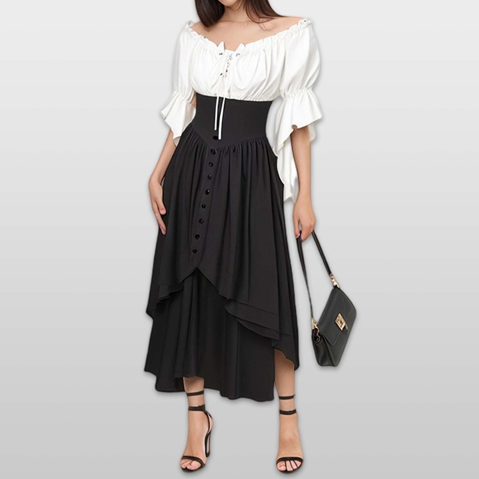 Generisch Conjunto de dos piezas para mujer, vestido abotonado con blusa sin hombros para uso diario, fiesta de cerveza, cosplay, elegancia atemporal, versátil y portátil