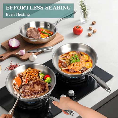 EWFEN Pots and Pans Set, 3 Ply 11 Piece Stainless Steel Cookware Set, Oven Dishwasher Safe | Induction Compatible Frying Pans, Saucepans, Saute Pan & Stock Pot, PFOA Free Kitchen Skillet by EWFEN - Image 4