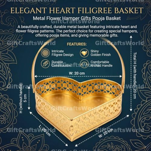 Image of Multipurpose Metal Basket For Gift Hamper, Pooja Temple Storage With Sturdy Handle, Decorative Flower Organizer & Versatile Puja Utility Accessories Home Decoration (Heart Shape)