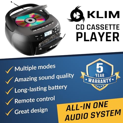 Image of KLIM CD + Cassette Tape Player, Bluetooth CD Boombox, AM /FM Radio, Stereo Sound, Remote, CD and Cassette Player Combo, Tape Recording, USB Drive, AUX