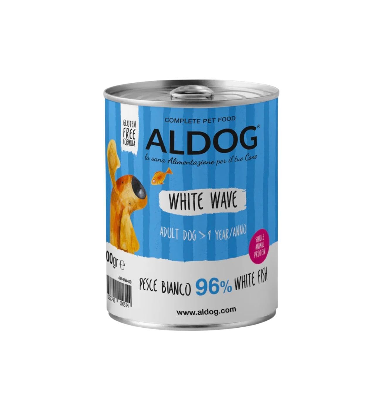 Adult Aldog húmedo perro sabor pescado blanco, paté para perros adultos de todas las tallas y razas, alimento completo para perros adultos | 6 latas de 400 gramos cada una.