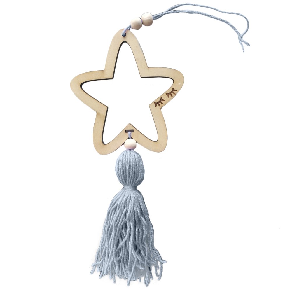 Homeofying Nordic Style Cute Star Shape Wooden Beads Tassel Kids Room Wall Hanging Decor Grey