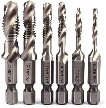 6 PCS HSS Tap Drill Bit Set, 2 in 1 Combination Drills and Taps Set, M3 M4 M5 M6 M8 M10 HSS Metric Hex Shank Screw Taps Tool Set/Tap Hex Shank HSS Screw Spiral Point Thread Metric Plug Drill Bits