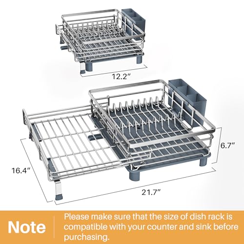 Image of Expandable Dish Drying Rack for Kitchen Counter, Stainless Steel, Silver | Foldable Over Sink, Large Capacity, Adjust to Fit Most Sinks, Angled Drainboard, Removable Utensil Holder, Slip Resistant
