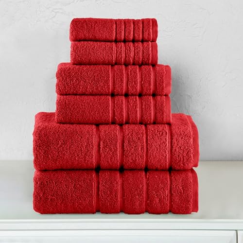 Image of Elegant Comfort 4 Lines Viscose Stripe 6-Piece Premium Towel Set - 100% Turkish Cotton High Absorbent Luxury Bathroom Towels - Includes 2 Washcloths, 2 Hand Towels and 2 Bath Towels Set, Red