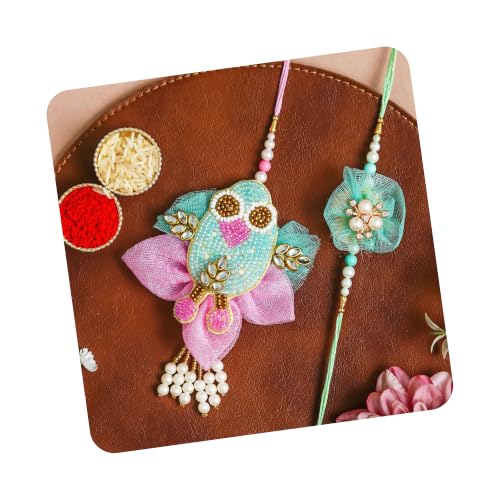 Image of eCraftIndia Floral Kundan Beads Designer Rakhis for Brother and Bhabhi | Bhaiya Bhabhi Rakhi