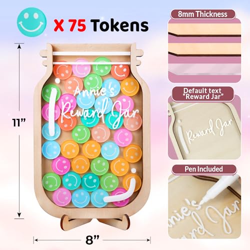 Image of 11 inch DIY Name 75 Tokens Smiley Face Magnetic Reward Jar Gifts for Classroom Teacher Kids Potty Training Chore Chart Toddler Good Behavior Management Tools Back to School RWJ-03-SMILEY-L