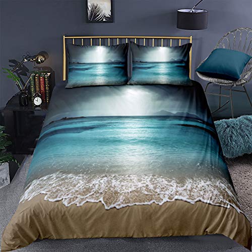 Loussiesd Tropical Comforter Cover Single Size Beach Island Bedding Set Dramatic Scene Decorative 2 Pieces Wave Theme Duvet Cover Set Petrol Blue Bedspread Cover with 1 Pillowcase Zipper