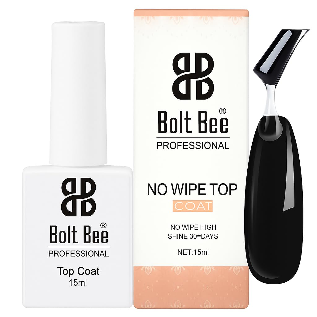 Bolt Bee No Wipe Gel Top Coat, Clear Nail Polish, Shine Finish, Soak Off UV Lamp, 15ml (Top Coat)
