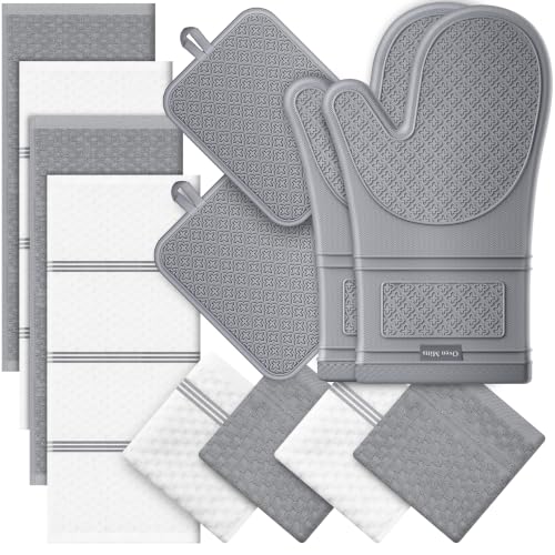 Silicone Oven Mitts and Pot Holders Sets, Baking Kitchen Gloves/Hot Pads 500°F Heat Resistant with Non-Slip Silicone Grip Surface, Includes 2 Cooking Mitts/2 Potholders/4 Kitchen Towels/4 Dishcloths - image 1