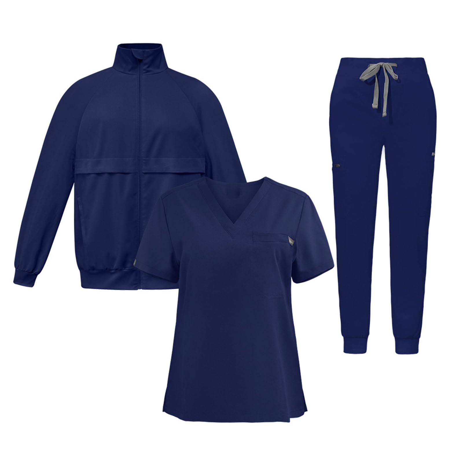 Uniformi Unisex 3 Pezzi Divisa Sanitaria Set con Collo Alto Giacca a Maniche Lunghe Tunica Top con Scollo a V e Pantaloni Divise Sanitarie