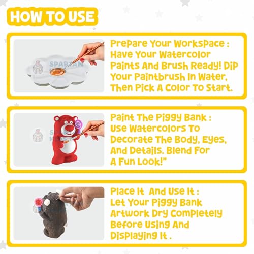 Image of Spartan Kids Paint Your Own Bear Piggy Bank for Kids, DIY Watercolor Craft Activity Set with Lock, Creative Money Saving Box for Boys and Girls, Best Birthday Party Return Gift (15, Bear)